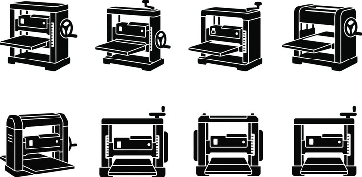 Set of Eight Black Silhouette Wood Planer Icons in Various Angles and Views Keywords: wood planer, thickness planer, power tool, woodworking tool, joiner, carpentry tool, workshop equipment