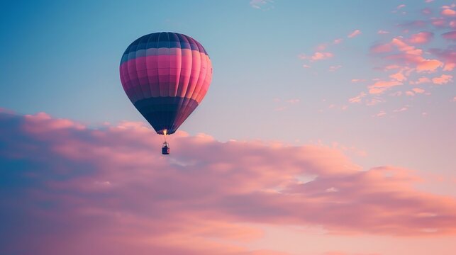 A stunning hot air balloon with pink and white stripes glides gracefully across a purple sky