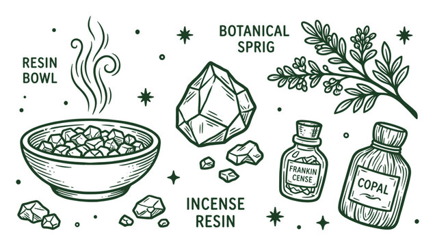 Resin bowl, incense resin, botanical sprig, frankincense, and copal vector illustration