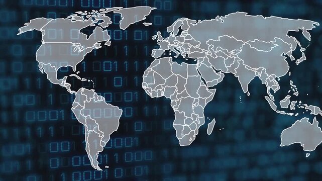 Animation of binary code over world map on black background