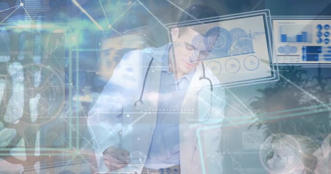 Animation of data processing over caucasian male doctor showing reports to mother and daughter