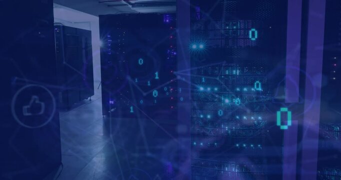 Animation of network of connections with icons and data processing over server room