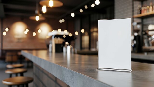 Empty white paper table tent mockup on dark concrete bar top in a cozy coffee shop setting with bokeh lights and brick wall for cafe menu display and corporate identity branding projects