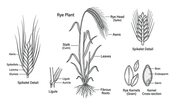 Rye Plant detailed diagram, grain parts, spikelet detail, stalk, leaves, ligule and roots labeled, illustration