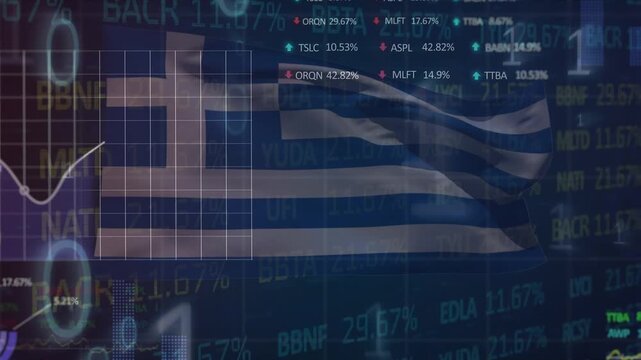 Animation of stock market and data processing over flag of greece on black background