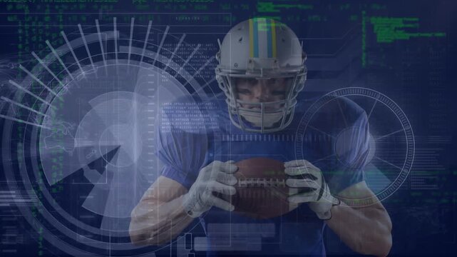 Animation of caucasian rugby player holding rugby ball with digital text and circular patterns
