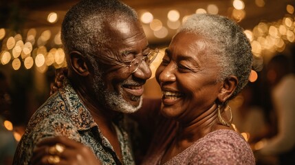 Naklejka premium Older Black Couple Shares a Joyful Dance at a Family Gathering Filled With Warmth and Light During a Festive Night in a Lively Setting