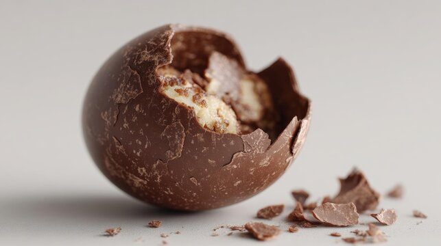Chocolate egg that has been cracked open, revealing a bite taken out of it. the egg is dark brown in color and appears to be made of chocolate.
