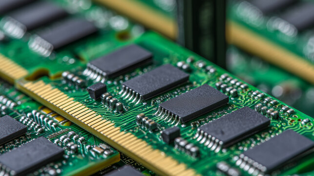 Extreme macro close up of computer RAM memory chips showing intricate circuitry, electronic components, and high tech data processing hardware details.