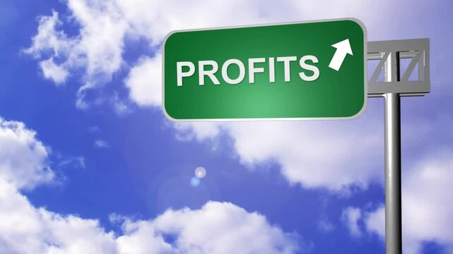 Animation of purple blob over road sign with profits text and arrow