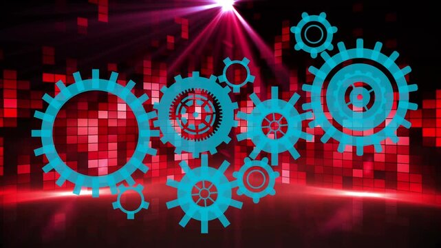 Animation of cogs over light trails and moving columns on black background