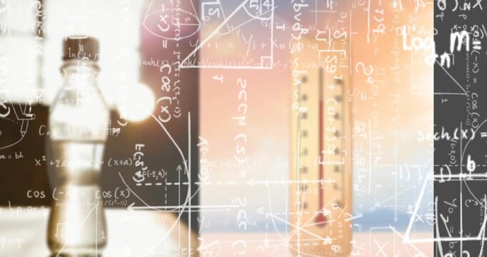 Animation of mathematical equations over thermometer and bottle