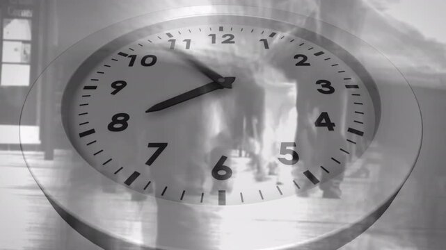 Animation of clock moving over people walking