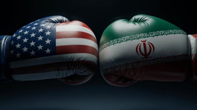 USA and Iran boxing gloves facing each other in a dark setting, symbolizing political conflict and rivalry