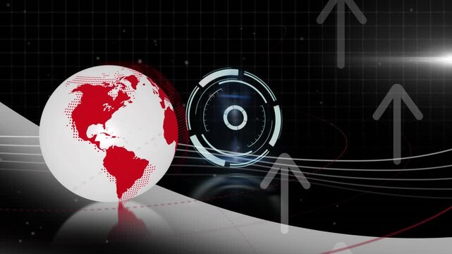 Animation of processing circle over arrows, globe and black background