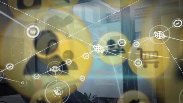 Animation of connections with icons over caucasian man in vr headset