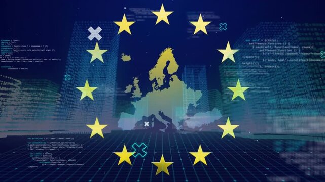 Animation of flag of eu over data processing and europe map