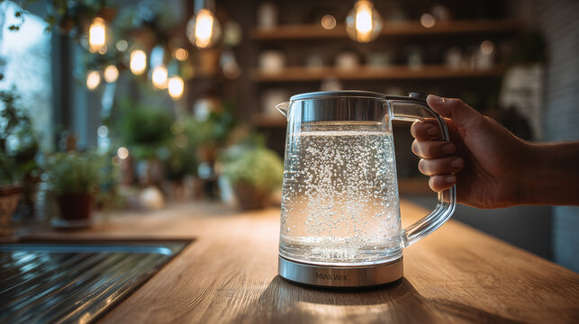 Electric kettle boiling water with steam in cozy kitchen, morning light, home appliance in use, hot drink preparation and modern lifestyle concept.