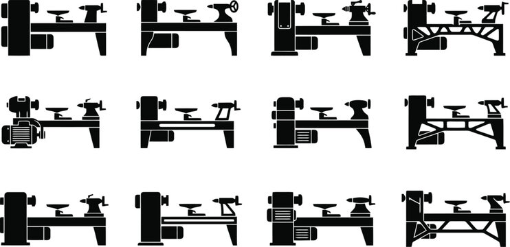 Collection of Black Silhouette Wood Lathes with Motors and Tool Rests woodworking machine