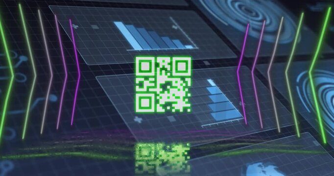 Animation of neon lines, qr code and data processing on digital screens