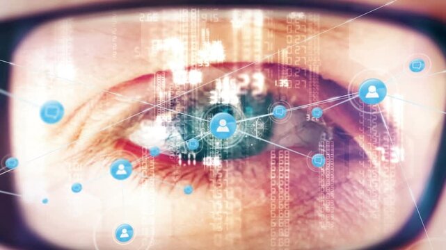 Animation of network of connections with icons and data processing over eye of caucasian man