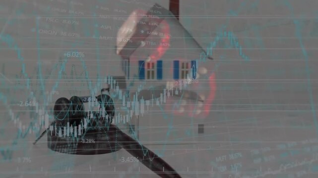 Animation of data processing and globe over house and dices