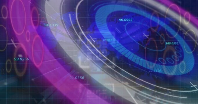 Animation of processing circle, numbers and qr code in digital space