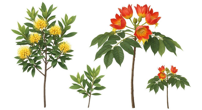 Set of Xanthostemon chrysanthus and Spathodea campanulata isolated png on a transparent background perfectly cutout