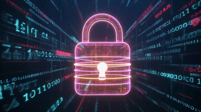 Secure digital lock surrounded by binary code in futuristic design