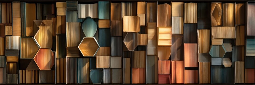 Books Arranged in Geometric Pattern Create Abstract Composition With Unique Shapes and Colors Captured Using 70mm Lens and F3.2 Aperture