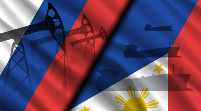 Vector wavy national flags of Russia and Republic of Philippines. Moscow and Manila. Russian oil, pumps and tanker ships. Fossil global fuel. World economics. Sale and purchase of petroleum