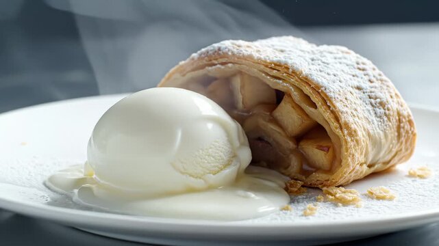 Warm Apple Strudel With Vanilla Ice Cream Melting on a White Plate, Close Up