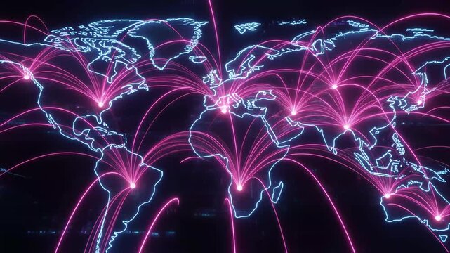 Global network connections illuminating the world map with digital light trails
