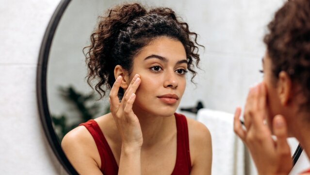 Woman applying skincare in front of mirror
