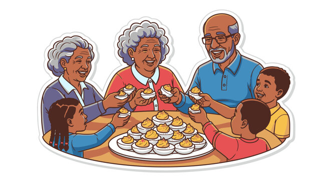 Happy multi-generational African American family sharing deviled eggs at a table, celebrating together
