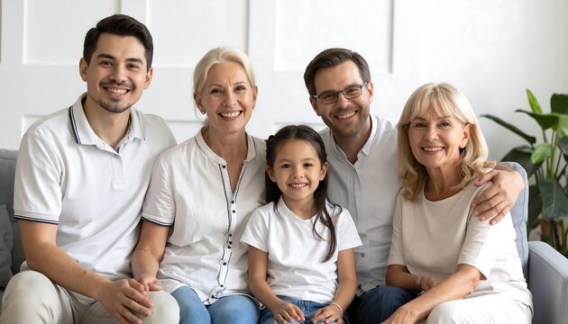 A happy multi-generational family portrait featuring two grandmothers, two adult men, and a young girl smiling together on a sofa at home.