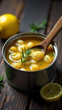 Fermented herring in a can with a wooden spoon and a slice of lemon, canned goods, pickled herring