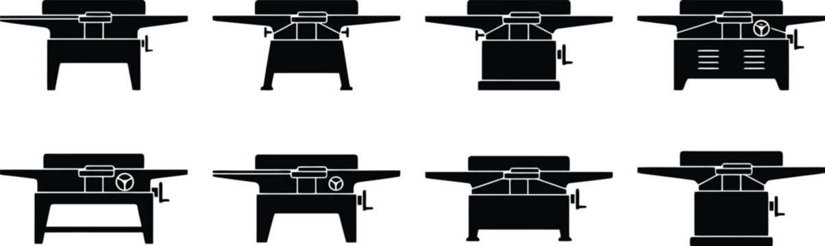 Collection of eight black silhouette icons of a jointer machine in various perspectives woodworking tool
