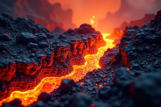 fiery lava flow with molten red rocks and ash, fiery landscape, intense heat