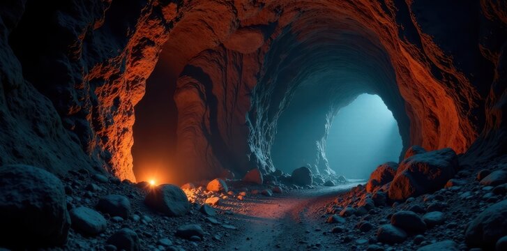 Flickering torches illuminate eerie, damp caverns , torches, dark
