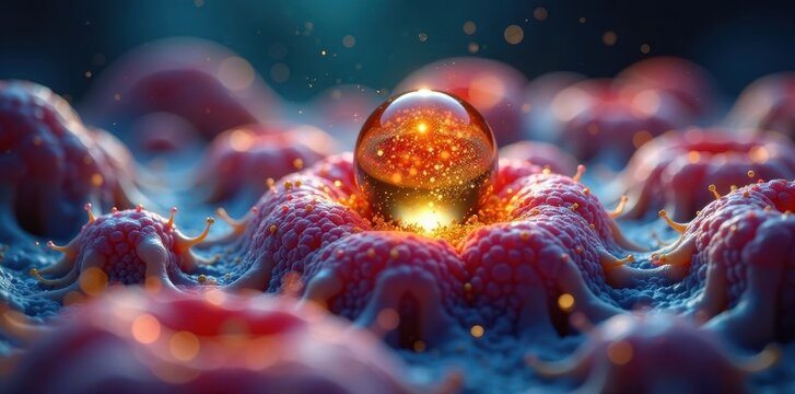 Floating golden sphere amidst a dense cluster of skin cells with intricate details, skin cell background, cellular structure