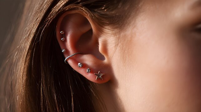 Closeup of ear with multiple piercings and stylish earrings highlighting modern fashion accessories body jewelry trend personal style aesthetic detail studio lighting minimal background