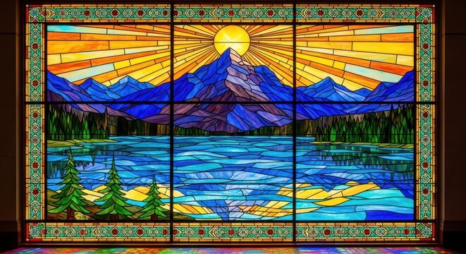 Brilliant stained glass panel depicts a vibrant mountain and lake landscape illuminated by the rising sun