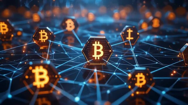 Digital network of interconnected bitcoin symbols in a futuristic design
