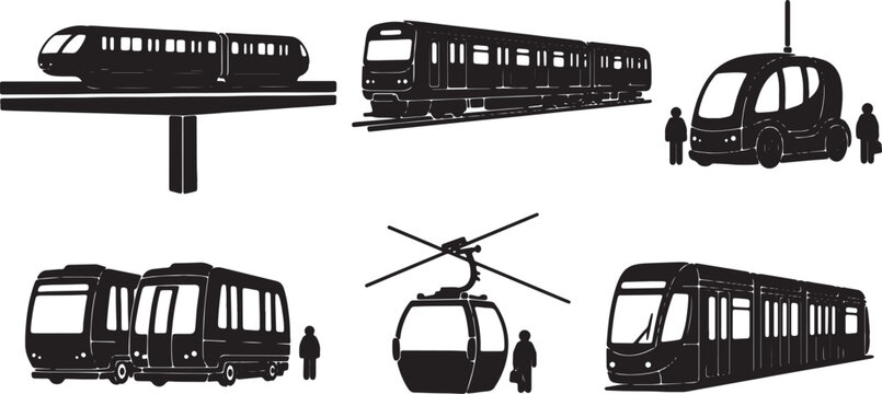 Black Solid Public Automated Guideway Transit and People Movers Silhouettes Set of Six on White Background