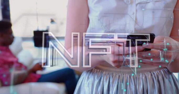Animation of nft text and navigation pattern over midsection of caucasian woman using cellphone