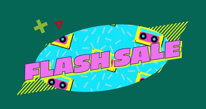 Animation of flash sale text over retro vibrant pattern background