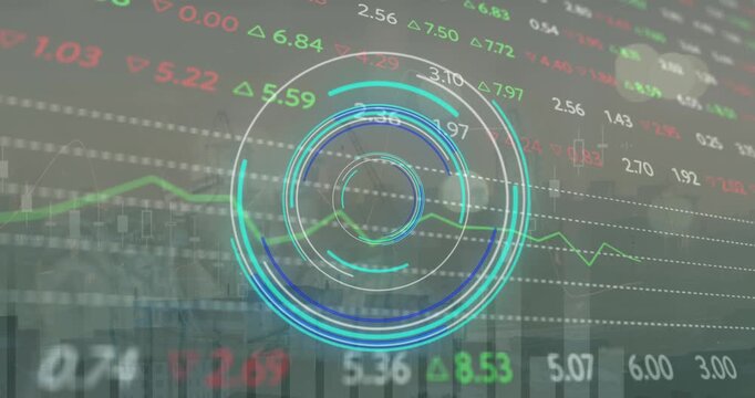 Animation of round scanner and stock market data processing against aerial view of cityscape