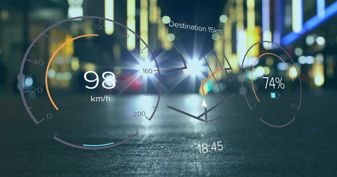 Animation of speedometers, changing numbers and navigation pattern over blurred vehicle on street