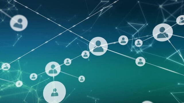 Animation of network of profile icons over network of connections on green gradient background